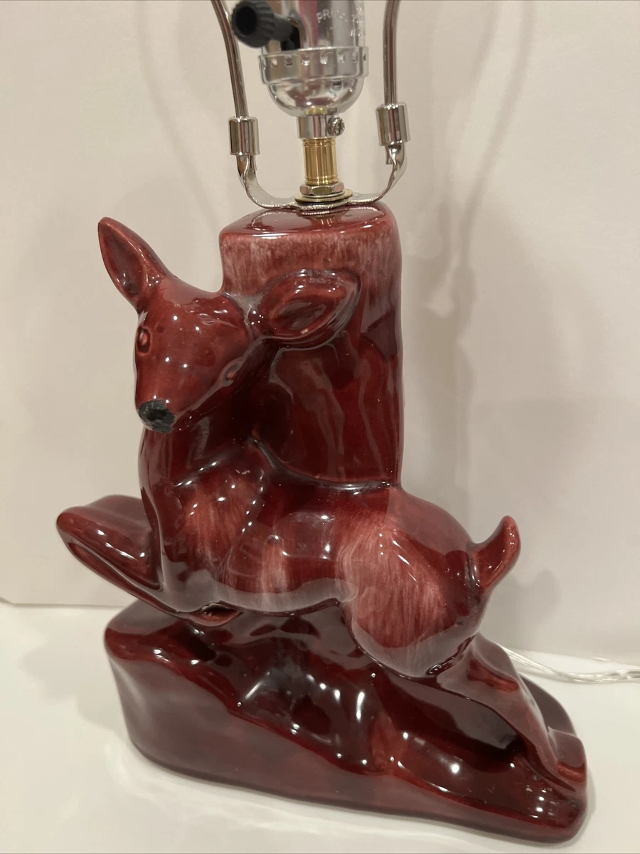 Brown Burgundy Ceramic Table Lamp Leaping Deer Gazelle TV Vintage