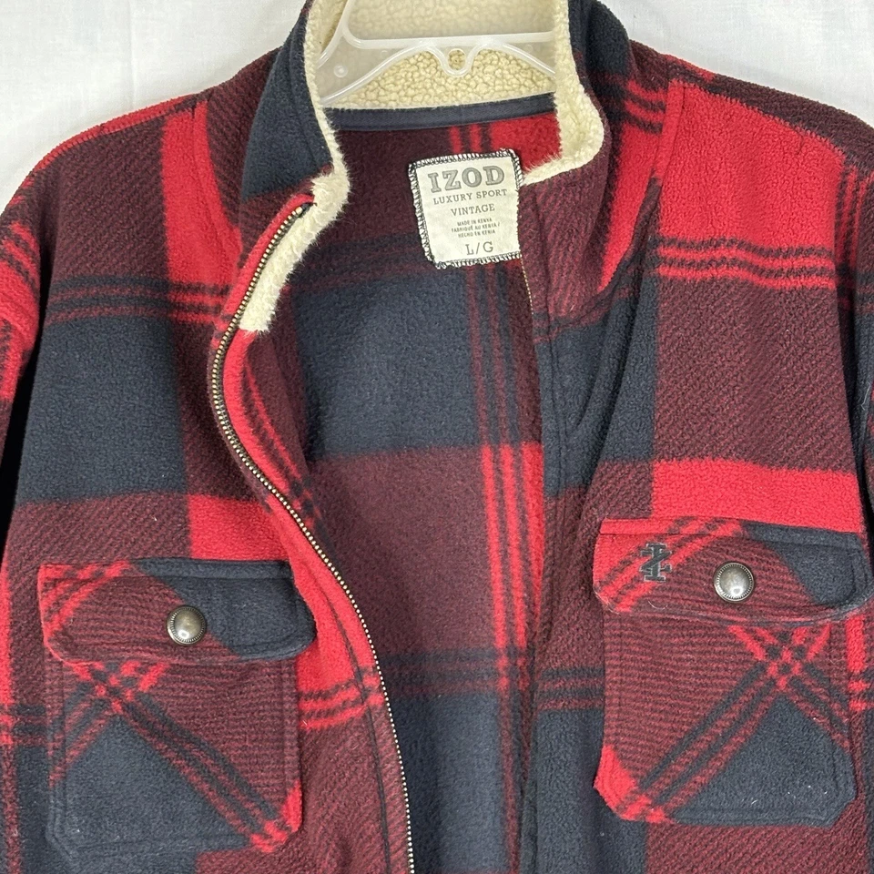 Izod Shacket Para Hombres Grande Rojo Negro Búfalo Cuadros Polar Camisa Chaqueta Exterior Foto 4 de 4