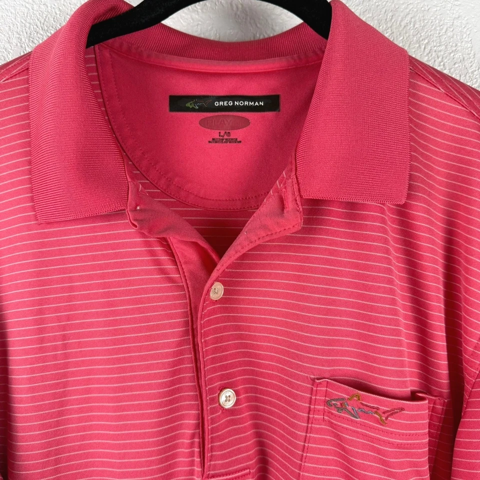 Camisa polo de golf Greg Norman para hombre a rayas rojas bolsillo rendimiento grande L Foto 2 de 3