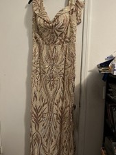 Women  s Gold Sequin Mesh V-Neck Sleeveless Long A-Line Dress Size S