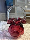Vintage Fenton Glass Ruby Red Hobnail Basket Ruffled Edge Clear Handle 4x7 Inch