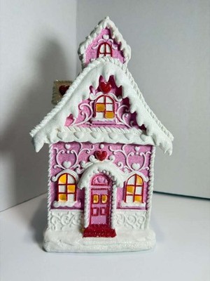Christmas Pink 14'' Victorian LED Village Icing Resin GINGERBREAD HOUSE Decor New
