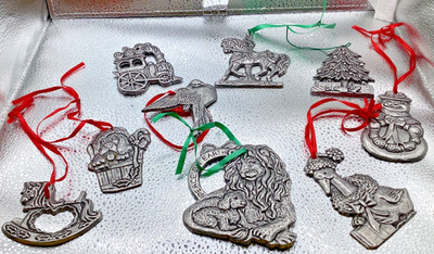 Lot of 9 Pewter Ornaments 2 of Them Carson Brand, The Lion, & Train.  C3