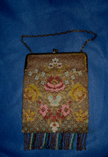Antique Retro Micro Beaded Purse With Fringe - Intricate Floral - Czechoslovakia