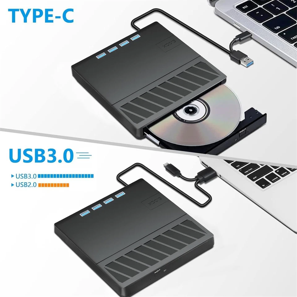 7in1 External Disk Drive USB 3.0 Type-C Portable Disk Drive Player Burner Reader - Image 3 of 4