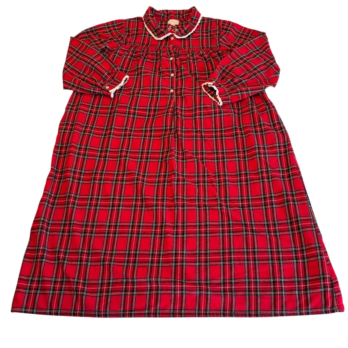 Lanz Of Salzburg Camicia Da Notte In Flanella Di Cotone – Lunga 124 Cm, Quadri Nero E Rosso, Taglia Medium (10-12)