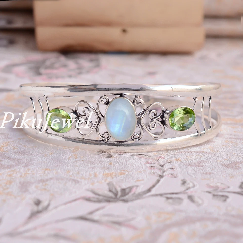 Mondstein & facettierter Peridot Edelstein 925 Sterling Silber Armreif schöne... - Bild 3 von 4