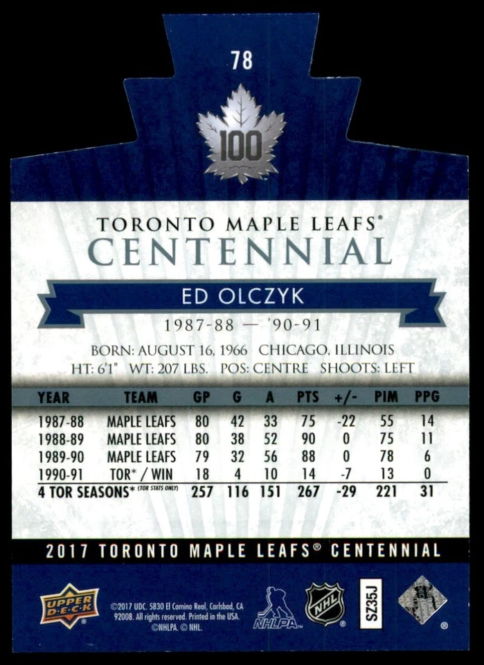 2017-18 Upper Deck Toronto Maple Leafs Centennial Ed Olczyk #78 - Image 2 of 2