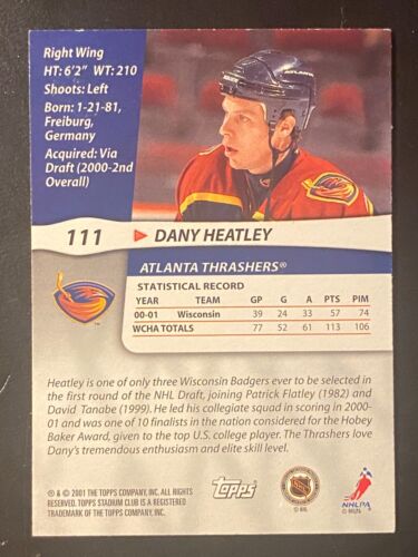 Dany Heatley RC 2000-01 Topps Stadium Club Premium Prospects #111 Atlanta - Imagen 2 de 2