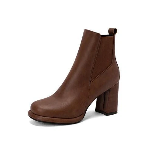 Damen Stiefeletten Mittel Blockabsatz Seitlicher Reißverschluss Chelsea Boots Schuhe - Bild 14 von 28