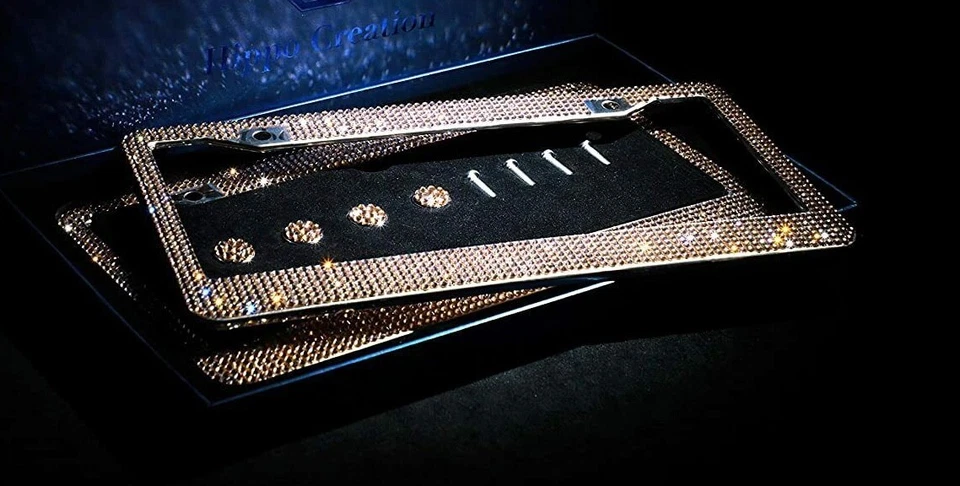 2 tapas de marco de matrícula LUX Champagne CRISTAL DORADO hechas con Swarovski Bling Foto 2 de 4