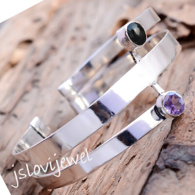 Faceted Amethyst & Black Onyx Gemstone 925 Sterling Silver Beautiful Bangle Cuff