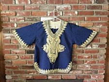 Beautiful VTG Ethnic Embroidered Tunic Navy Blue  Beige 3/4 Length Sleeves Sz L