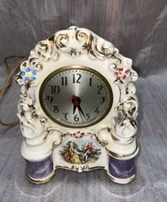 Vtg Porcelan Mantel Electric Clock Victorian Man And Women 24 K Gold Trim READ