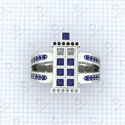 Doctor Who Tardis White & Blue CZ Engagement And Wedding Ring in 925 Silver