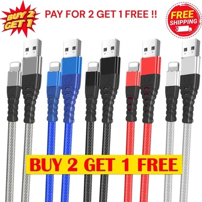 Heavy Duty Braided Long USB Fast Charger Cable Lead For iPhone 14 13 12 11 X 7 8