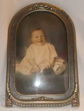 Vintage Heirloom 1800's Art Deco Arch Oval Convex Bubble Glass Picture Frame