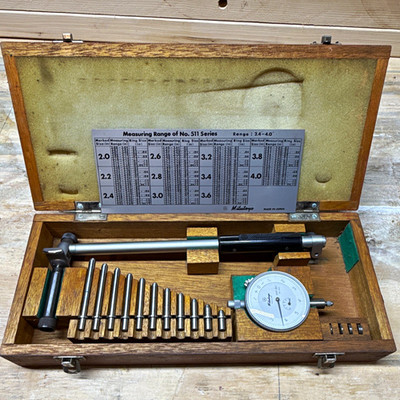 Mitutoyo No. 511 Dial Bore Gauge Indicator Set with Wooden Case & Attachments