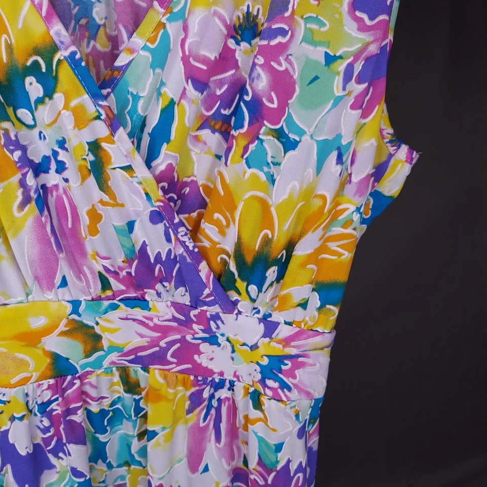 Vestido Midi Nina Leonard Mediano Años 90 Pastel Floral Imperio Cuello Sin Mangas Elastizado Foto 3 de 4