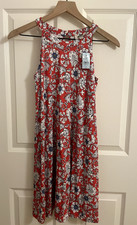 NWT Loft Festive Red & Blue Summer Floral Midi Shift Keyhole Back Dress Size SP
