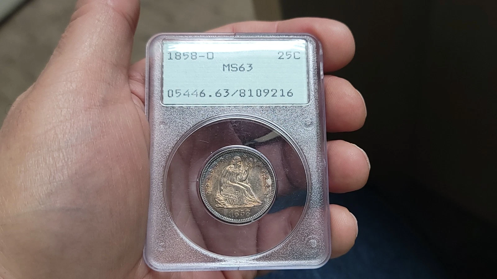 1858-O Seated Liberty Quarter 25C PCGS MS63 Extremely Rare Rattler Holder