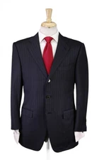 Ermenegildo Zegna Couture Black Royal Blue Stripes Wool Silk Cashmere Suit 38S