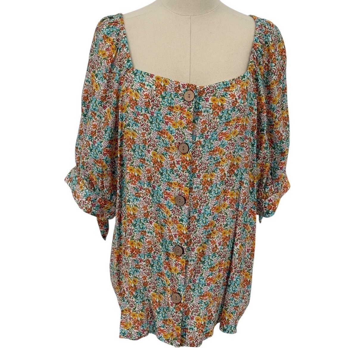 Lauren Conrad Floral Square Neck Puff Sleeve Button Front Top Women's XXL