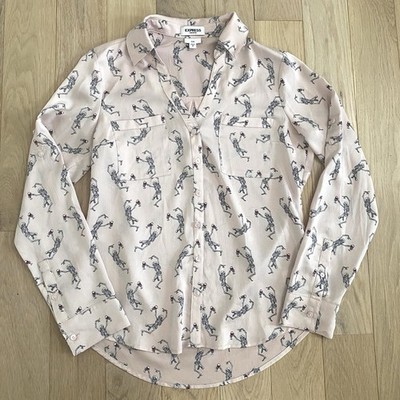 Express Portofino Shirt Dancing Skeletons Drinking Wine Sz Small Slim Pale Pink