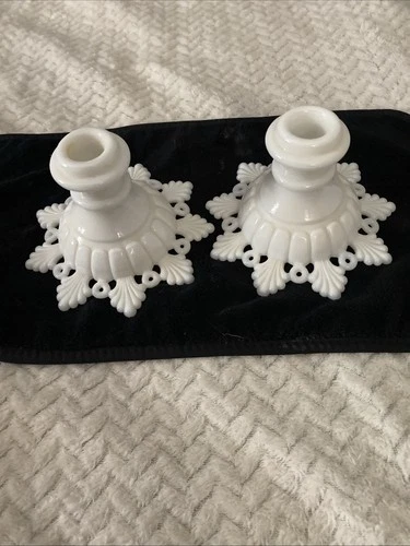 Vintage Westmoreland Milk Glass Candlestick Holders Snowflake Pair