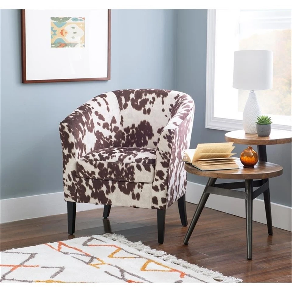 Linon Simon Upholstered Barrel Chair High Back and Arms in Brown Cowprint - Image 3 of 4