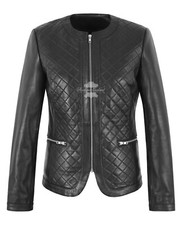 Woman's Biker Style Black Collarless Front Diamond Classic Leather Jacket Janine