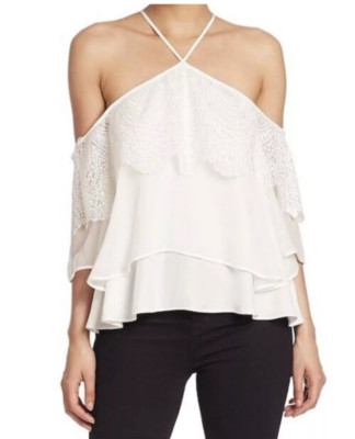 Cinq à Sept Women Size Medium Fleur Tiered Cold-Shoulder Cream Silk Lace Shirt