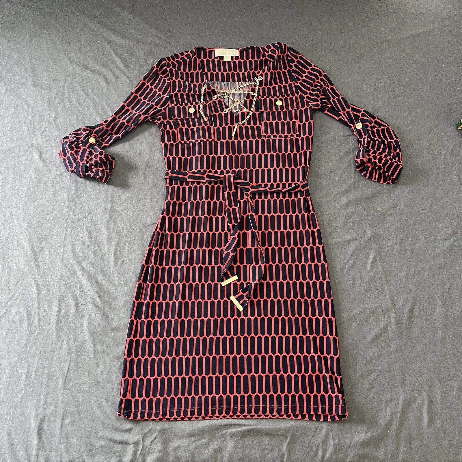 Abito Michael Kors rosso corallo rosa blu oro catena accento taglia XS