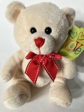 Valentine Stuffed Plush Bear 7" w/ Red Embroidered Heart Foot  Red Bow