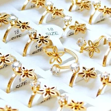 Wholesale 24pcs Gold Plated Flower Zircon Open Rings Women Wedding Gift Jewelry