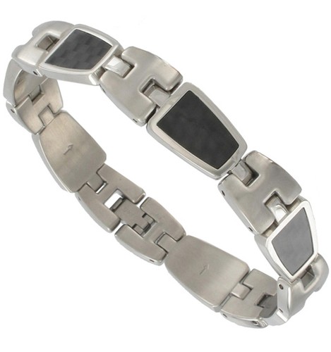 Rochet Mens Bracelet H Type Black Carbon Fiber Stainless Steel Link 8 3/4" - Picture 2 of 6