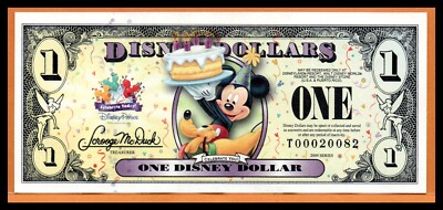Disney Dollars UNC Note 1 Dollar 2009 Mickey and Pluto Serie T (Low Shipping)