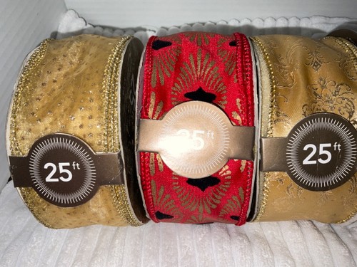 Lot of 8 Martha Stewart Traditions Holiday Ribbon Wired 2.5” Red Gold 175’ - Picture 2 of 8