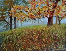 YARY DLUHOS Autumn Landscape Nature Tree Morning Mist Original Art Oil Painting