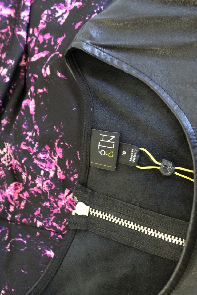 6th and Lane Lane Bryant 粉色黑色抽象褶皱连衣裙 16 码人造皮革 — 第 2/4 张图片