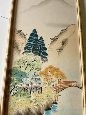 Pair Vintage Japanese Silk Landscape Paintings 1950s Mid Century