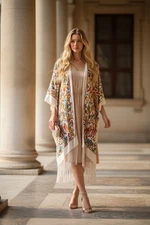 Ivory Formal Kimono Jacket Cover Up Hand Beaded Burnout Fringe Floral Wedding