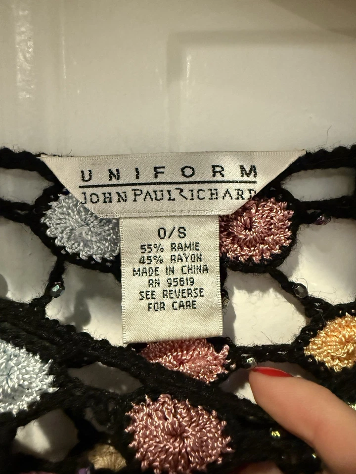 制服 John Paul Richard 钩针编织针织串珠多色条纹斗篷毛衣 — 第 4/4 张图片