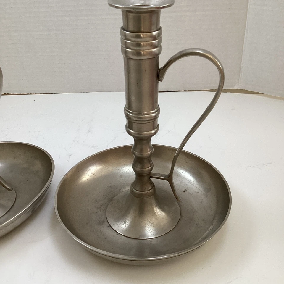 Pier 1 older metal candlesticks w/ handles possibly pewter or brushed nickel - Image 4 of 4