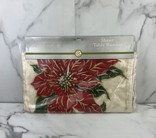 NEW 72 Inch Table Runner Sheer Gold with Red Poinsettia Flowers Home Trends