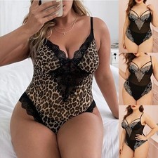 Plus Size Womens Sexy Bodysuit Leopard Lace Lingerie Babydoll Nightwear UK 12-28