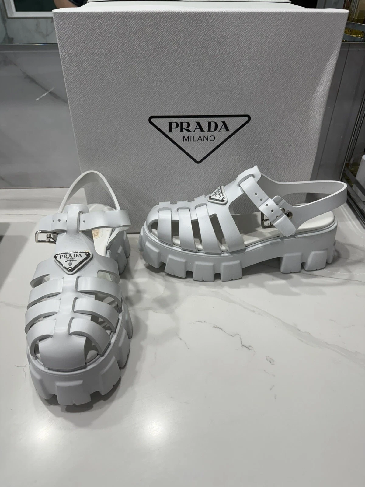 Sandali donna bianchi Prada monolith in gomma gabbia con scatola misura 40