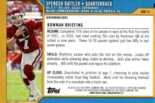 Spencer Rattler 2021-22 Bowman University - 2000 Bowman #2KB-11 - Oklahoma - Picture 2 of 2