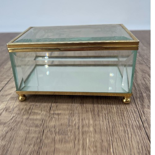 Vintage Glass Jewelry Box Gold Trim Etched Birds Bamboo Trinket Mirror Storage - Picture 2 of 7