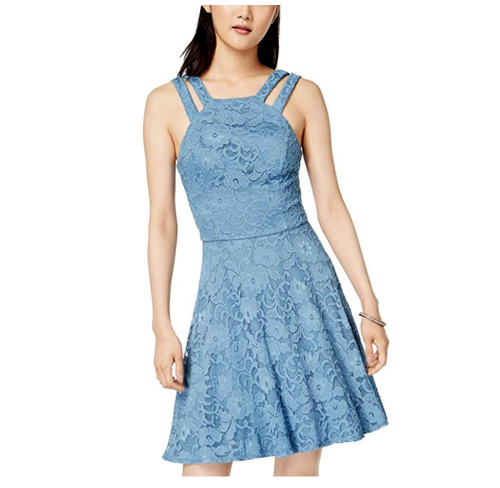 B Darlin Slate Blue Juniors' Lace Fit and Flare Dress, Size 7/8